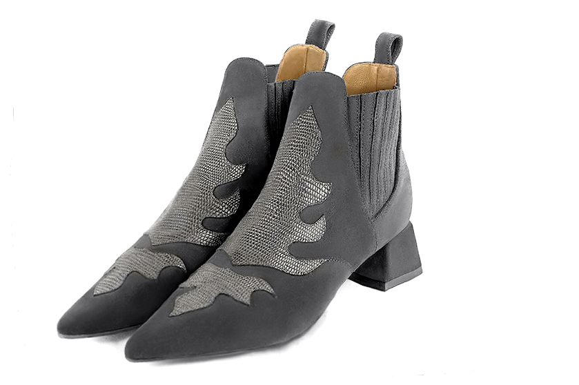 Dark grey women's ankle boots, with elastics. Pointed toe. Low flare heels. Front view - Florence KOOIJMAN